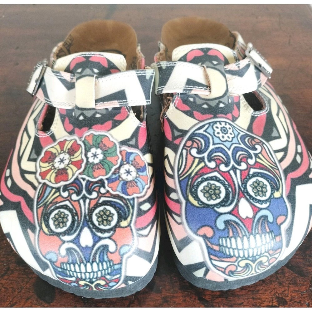 New Calceo Sugar Skull Cork Clogs Size 8 8.5 EU 39 Boho Day of the Dead Mules